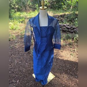 Alex Evenings Elegant Midnight Blue Beaded Satin Dress